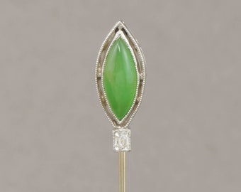 Art Deco Jadeite Jade Cushion Cut Diamond Stick Pin in Platinum and 18K Gold - or Convert to Charm Pendant