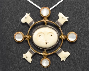 Carolyn Morris Bach Vintage Moonstone, Moon & Dog Pendant in 18K Gold and Silver - "Moon Dogs" 1997