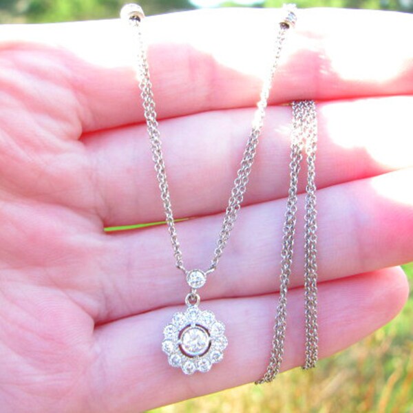 HOLD, Vintage Diamond Daisy or Diamond Halo Pendant Necklace, Super Fiery Bright Diamonds, Diamond Stations, 18K White Gold,  Very Elegant