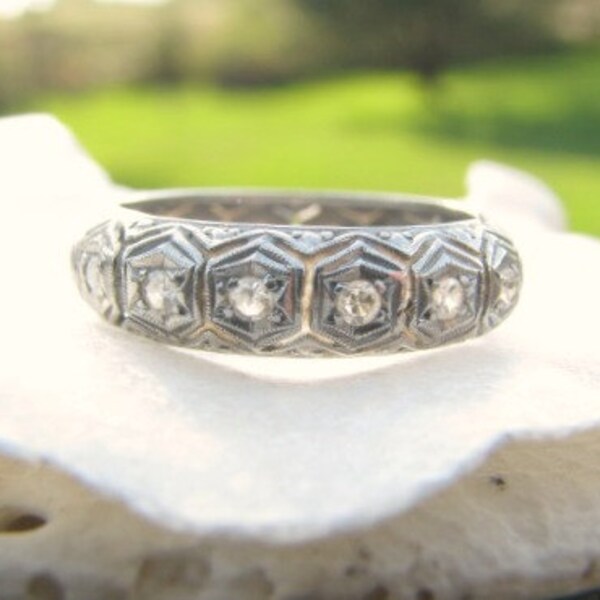 HOLD, Art Deco Wedding Band, Intricately Detailed Platinum Eternity Ring with Diamonds, Lovely Workmanship, Circa 1920s to 1930s