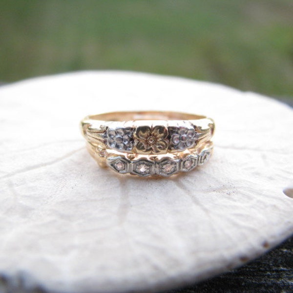 Temp HOLD for B - Sweet and Dainty 14K Gold and Platinum Ring Set - Flowers and Tiny Diamonds - Charming Design