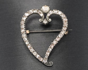 Georgian Diamond Witch's Heart Brooch Pin - Sparkly Rose Cut Diamonds in Gold & Silver - Also Lovely as a Pendant