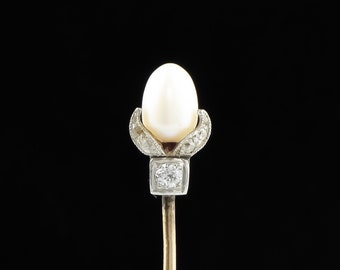 Elegant Edwardian Diamond Pearl Stickpin in Gold & Platinum with Fiery Old European Cut Diamond Leaves, Or Convert to Charm or Ring