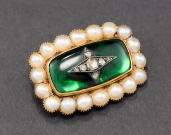 Antique Diamond Star Brooch Pin with Green Glowing Plaque & Pearls - "Northern Lights" Pin, or Convert to Ring or Pendant