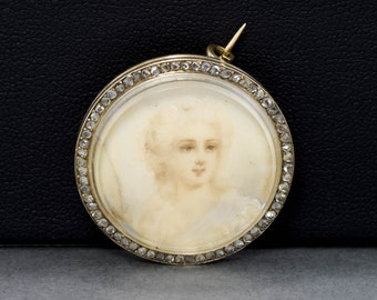 Antique Hand Painted Portrait Miniature Gold Brooch with Rose Cut Diamond Border