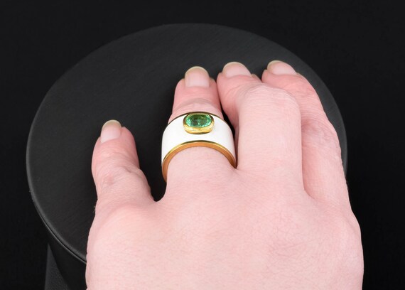 Striking Emerald Wide Gold Band Ring with White E… - image 9