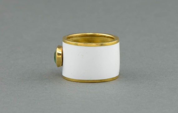 Striking Emerald Wide Gold Band Ring with White E… - image 5