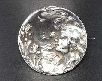 Original Art Nouveau Sterling Silver Maiden Goddess with Star & Iris Flowers Brooch Pin