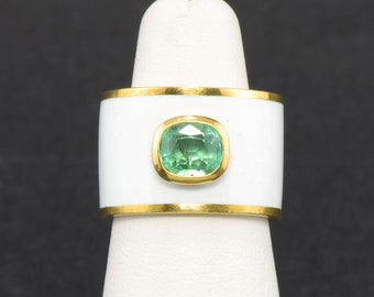 Striking Emerald Wide Gold Band Ring with White Enamel, Gorgeous and Unsual Heavy Ring