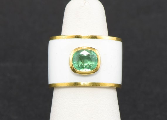 Striking Emerald Wide Gold Band Ring with White E… - image 1