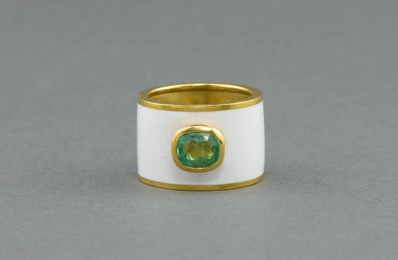 Striking Emerald Wide Gold Band Ring with White E… - image 3