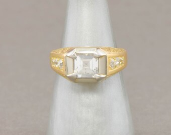 French 18K Gold Square Step Cut Diamond Ring with Old European Cut Diamonds & Hand Engraving, approx 1.73 ctw