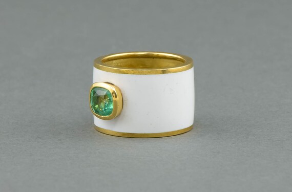 Striking Emerald Wide Gold Band Ring with White E… - image 4