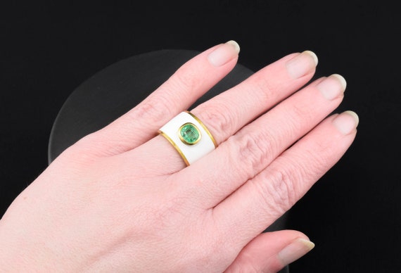 Striking Emerald Wide Gold Band Ring with White E… - image 10