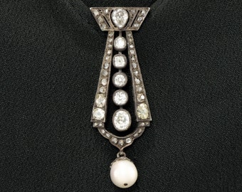 Stunning Antique Large Diamond Pendant Dress Clip with Old Mine Cut Diamonds & Pearl - approx 1.98 carats