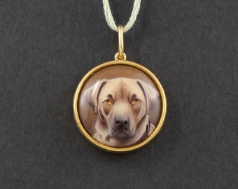 Antique William Bishop Ford Enamel Dog Pendant in 15K to 18K Gold - Miniature Dog Portrait 1879