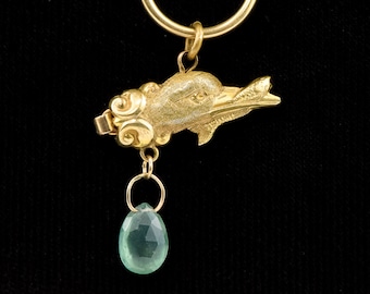 Antique Bird holding Fish in Beak Fob Pendant with Moss Aquamarine Drop, Gold-filled and 14K Gold