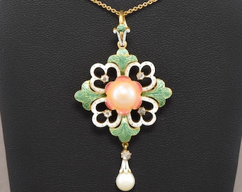 Art Nouveau Enamel Diamond & Pearl Pendant - Brooch Necklace in 18K and 14K Gold