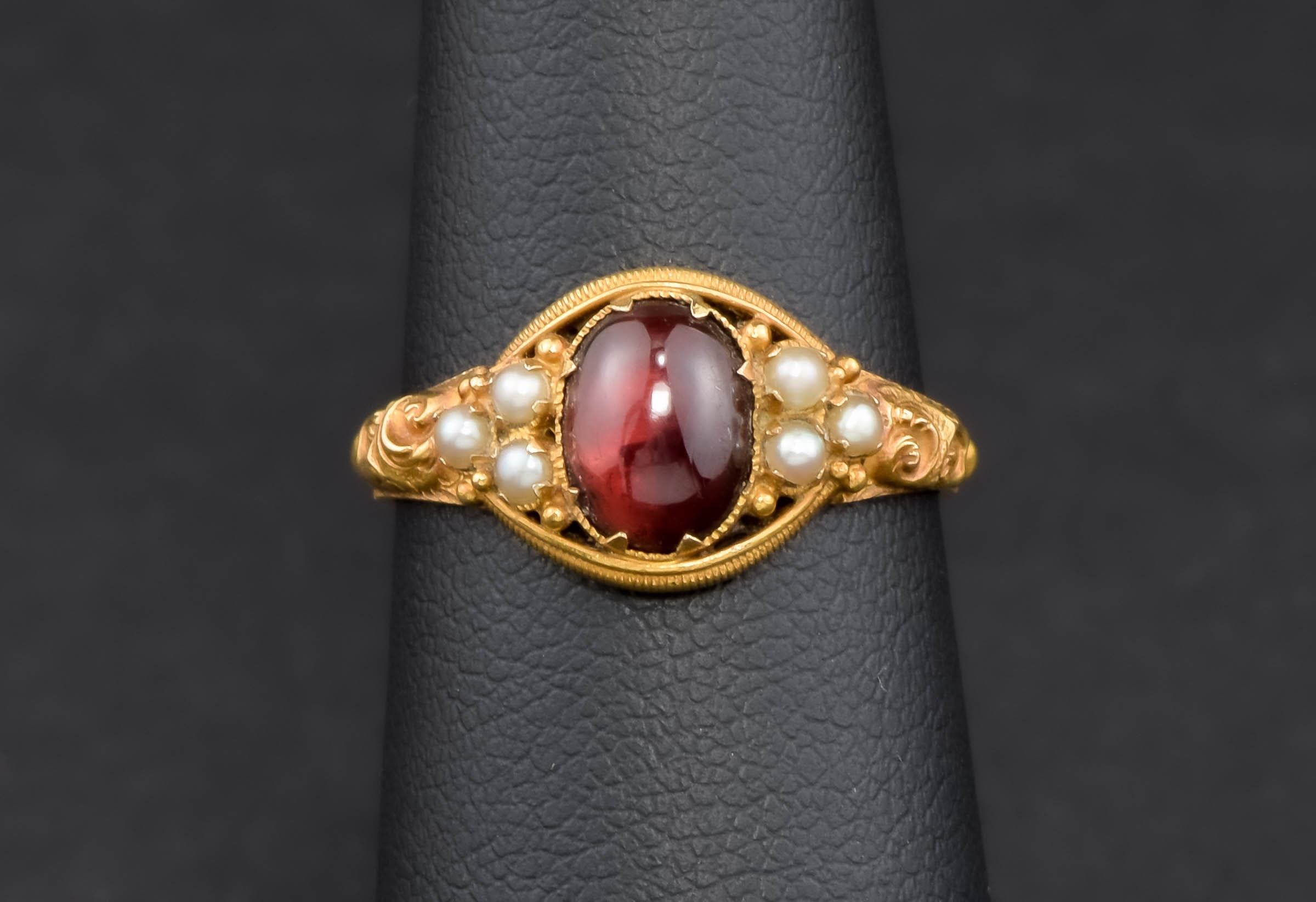 Antique Garnet Cabochon Ring With Seed Pearls in 15K Gold Etsy