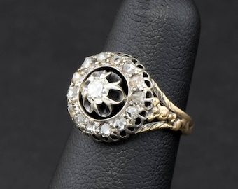 Georgian Victorian Style Diamond Halo Ring in 14K Gold & Silver, Old Mine Cushion Cut with Rose Cut Surround