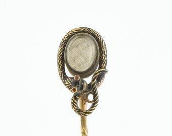 Victorian Enamel Snake Mourning Stick Pin with Hair Locket, Inscribed 1852