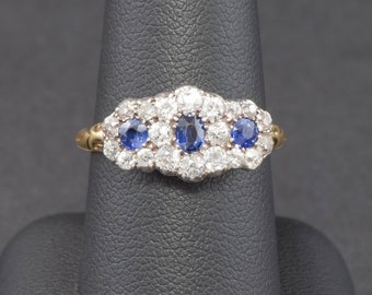 Antique Old European Cut Diamond & Sapphire Ring - Triple Cluster Daisy Ring