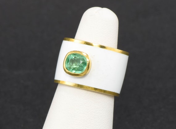 Striking Emerald Wide Gold Band Ring with White E… - image 2
