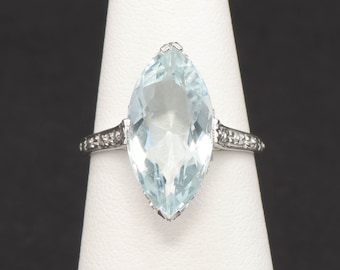 Vintage 18K White Gold Marquise Aquamarine Ring with Flower Blossom Design, approx 2.198 cts