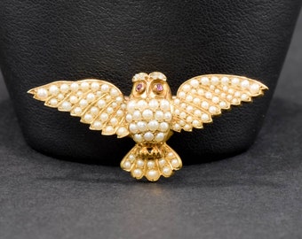 Fine Antique Diamond & Pearl Flying Owl Brooch Pin - or - Convert to Pendant Necklace