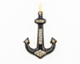Antique Black Enamel & Rose Cut Diamond Large Anchor Pendant - Striking and Unusual
