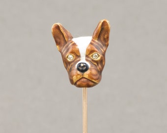 Antique Enamel Dog Frenchie Stick Pin with Old Cut Diamond Eyes