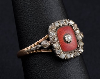 Antique Enamel Diamond Halo Ring with Scarlet Enamel & Sparkly Old Cut Diamonds  - with Provenance