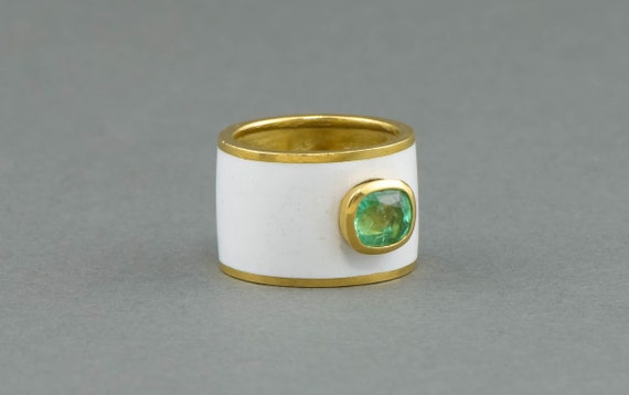 Striking Emerald Wide Gold Band Ring with White E… - image 8