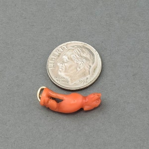 May include: A small, carved coral figurine of a dog, with a gold-colored loop for hanging. The figurine is about the size of a dime.