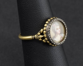 Antique Hand Painted Miniature Portrait Diamond Conversion Ring in 18K Gold & Silver