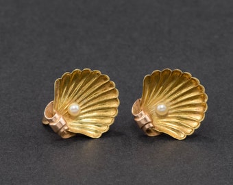 Art Nouveau Gold Shell Earrings by Sloan & Company, 14K Gold French Screw Back Earrings with Pearls