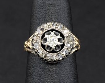 Georgian Victorian Style Diamond Halo Ring in 14K Gold & Silver, Old Mine Cushion Cut with Rose Cut Surround