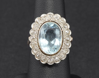 Large Art Deco Cocktail Ring - Diamond Halo & Aquamarine Paste with Old Cut Diamonds