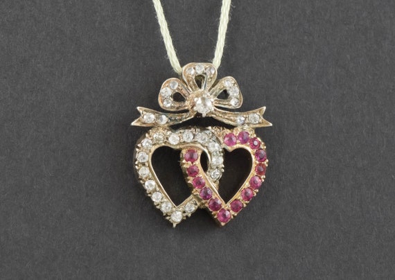 Sweet & Sparkling Antique Diamond Ruby Double Hea… - image 1