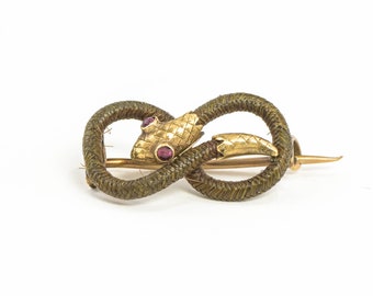 Small Antique Snake Eternity Knot Brooch Pin in Gold & Hairwork - Georgian to Victorian