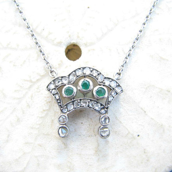 RESERVED, Custom Extension for K, Antique Diamond Emerald Pendant Necklace