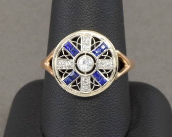 Art Deco Diamond Target Ring in Platinum & 14K Gold, Old Cut Diamonds and Synthetic Blue Sapphire