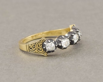 Cushion Cut Diamond Band with Georgian Period Old Mine Cuts & Original Collet Settings in 18K Gold and Silver, 1 of 2 Available