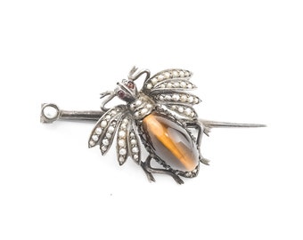 Big Beautiful Victorian Bug Brooch, Silver with Tiger's Eye and Seed Pearls