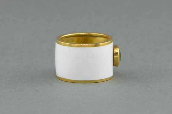 Striking Emerald Wide Gold Band Ring with White E… - image 7