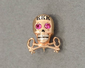 Vintage Tri Kappa Sorority Enamel Skull with Keys Pin in 10K Gold