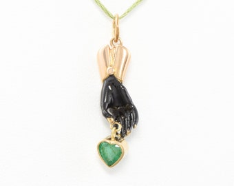 Victorian Enamel Hand and Heart Pendant Charm with Natural Emerald - Antique Conversion