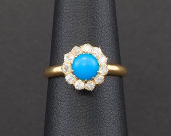 Antique Turquoise Diamond Halo Ring - Fiery Old Mine Cut Diamonds with Persian Turquoise