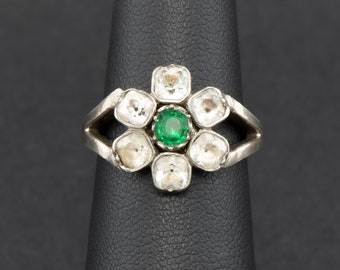 Georgian Emerald Green & Black Dot Paste Conversion Ring, Striking Sparkly Flower Ring