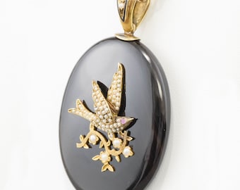 Victorian Bird Swallow Locket, 14K Gold, Pearl, Ruby & Onyx